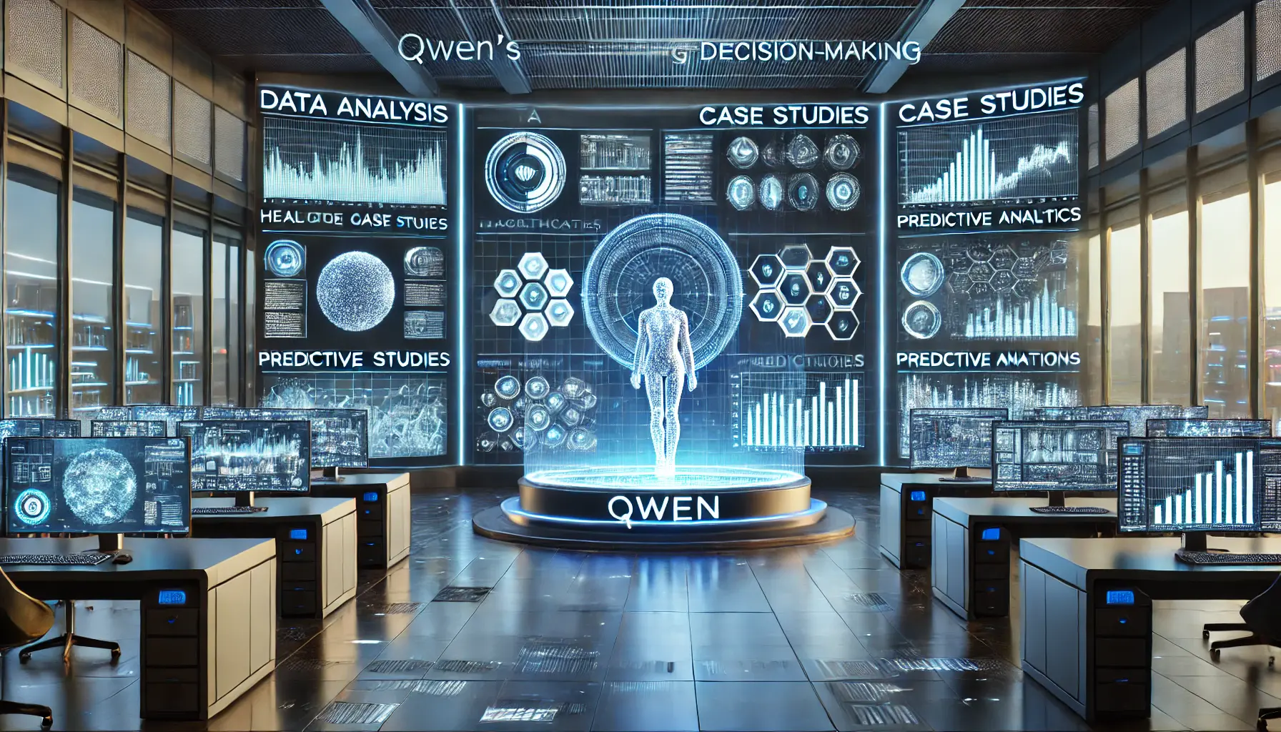 A high-tech data analysis control center where Qwen processes large datasets, visualizing industry case studies in healthcare, finance, and e-commerce with predictive analytics and graphs.