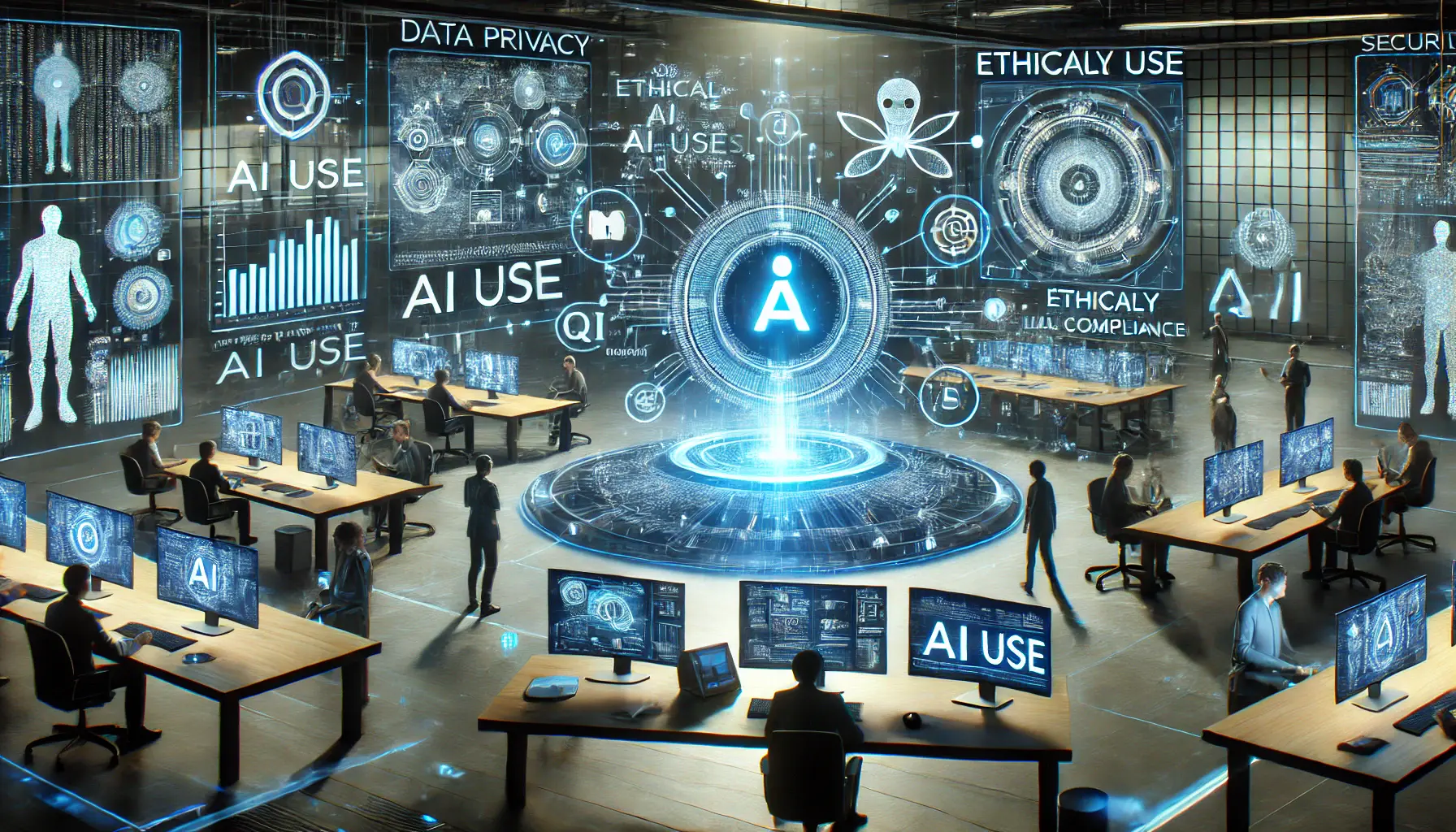 A futuristic AI development environment highlighting challenges like data privacy, ethical AI use, and system integration with holographic displays and security visualizations.