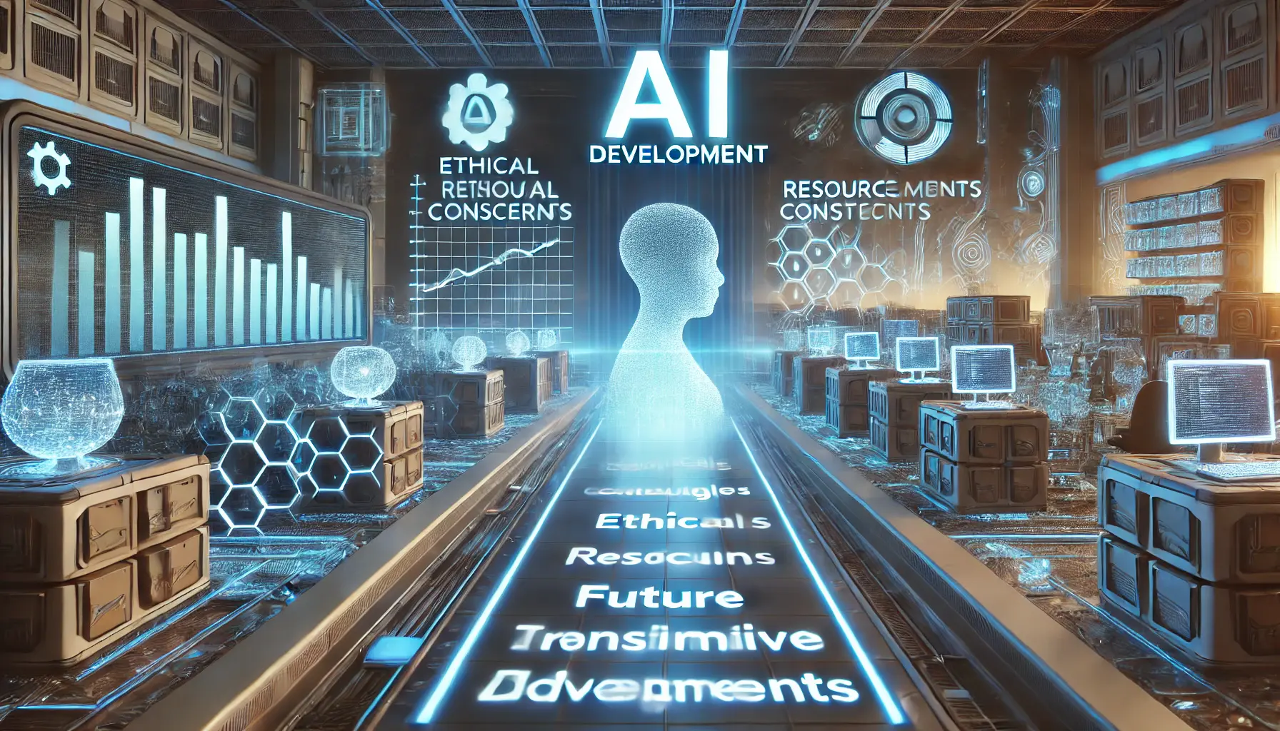 A futuristic AI development environment visualizing challenges and future prospects, with obstacles and potential solutions.