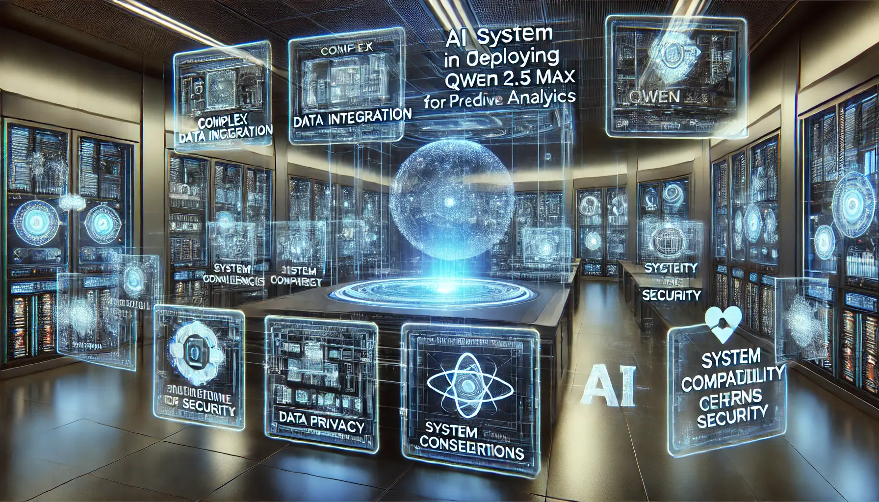 A futuristic AI-powered control room showing challenges and considerations like data integration, system compatibility, and security concerns in deploying Qwen 2.5 Max.