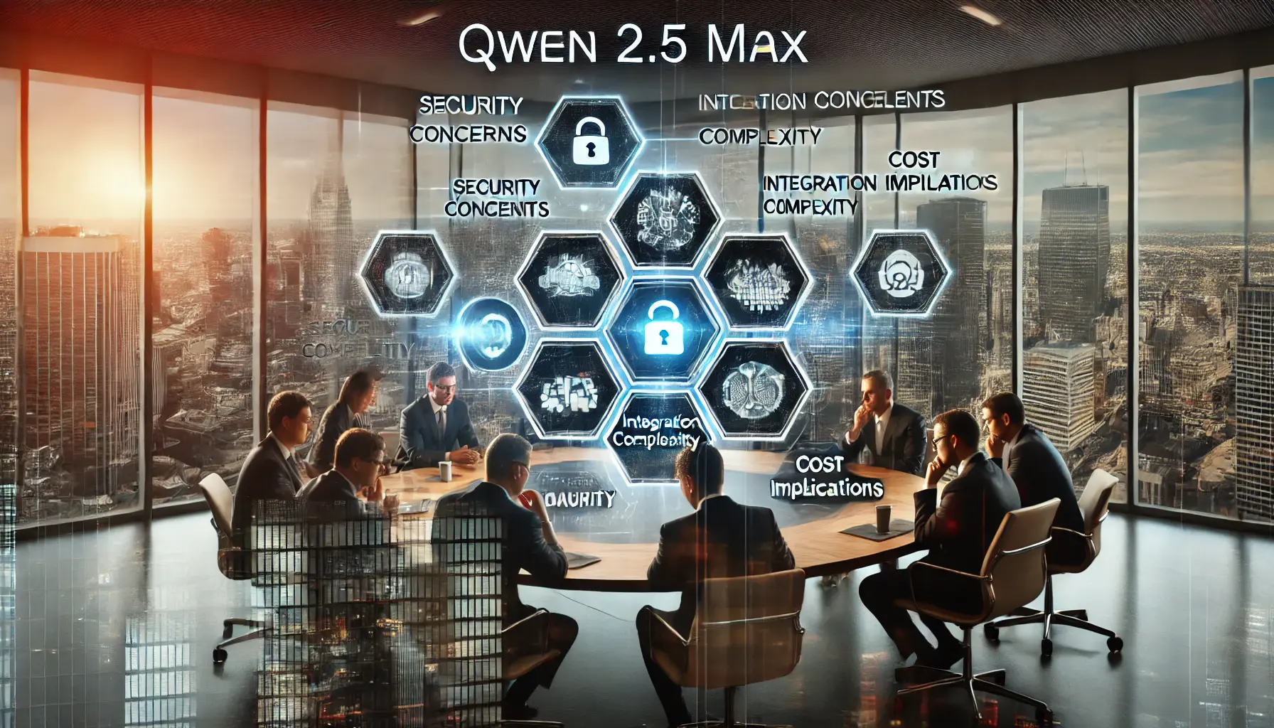 A corporate office where professionals discuss the challenges of implementing AI systems like Qwen 2.5 Max, focusing on integration, security, and cost considerations.