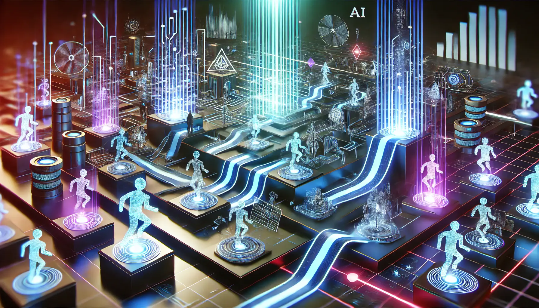 Futuristic digital landscape featuring a glowing maze or obstacle course with AI models navigating it, symbolizing challenges in the competitive AI landscape.