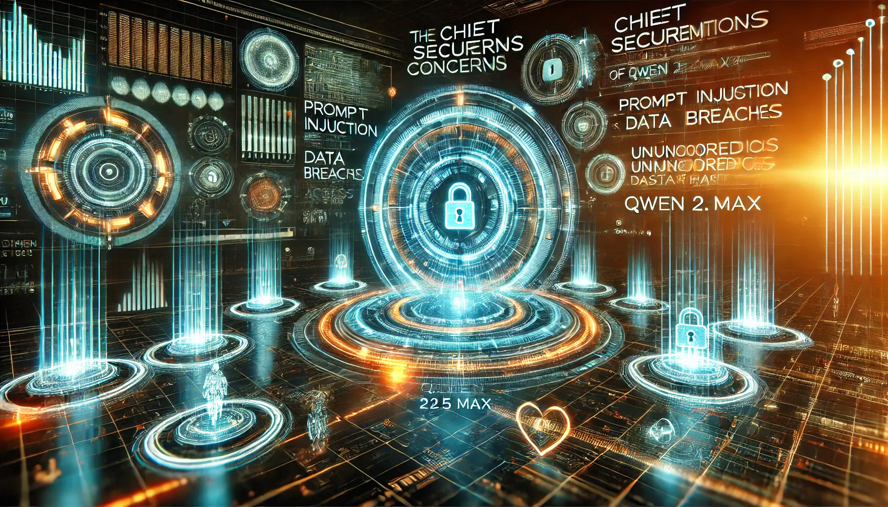 A futuristic digital environment showcasing chief security concerns such as prompt injection, data breaches, and unauthorized access attempts.