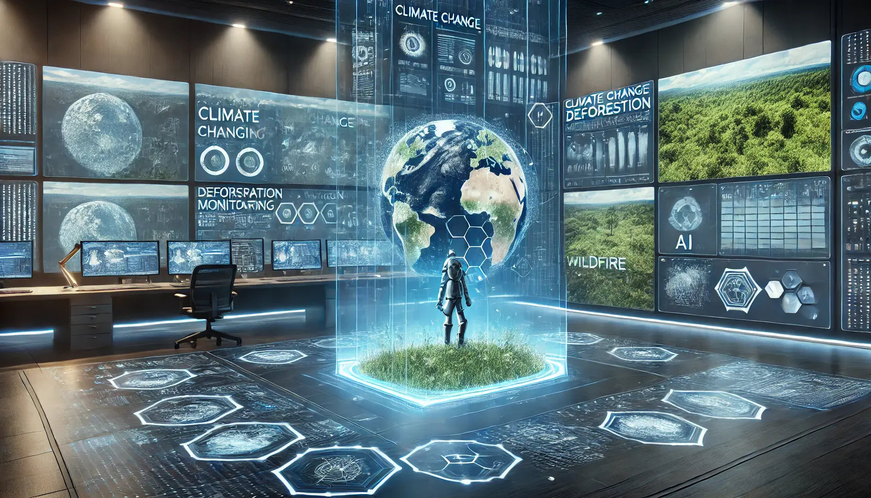 A futuristic AI-powered control room showcasing climate monitoring and environmental protection, including deforestation monitoring and wildfire forecasting.