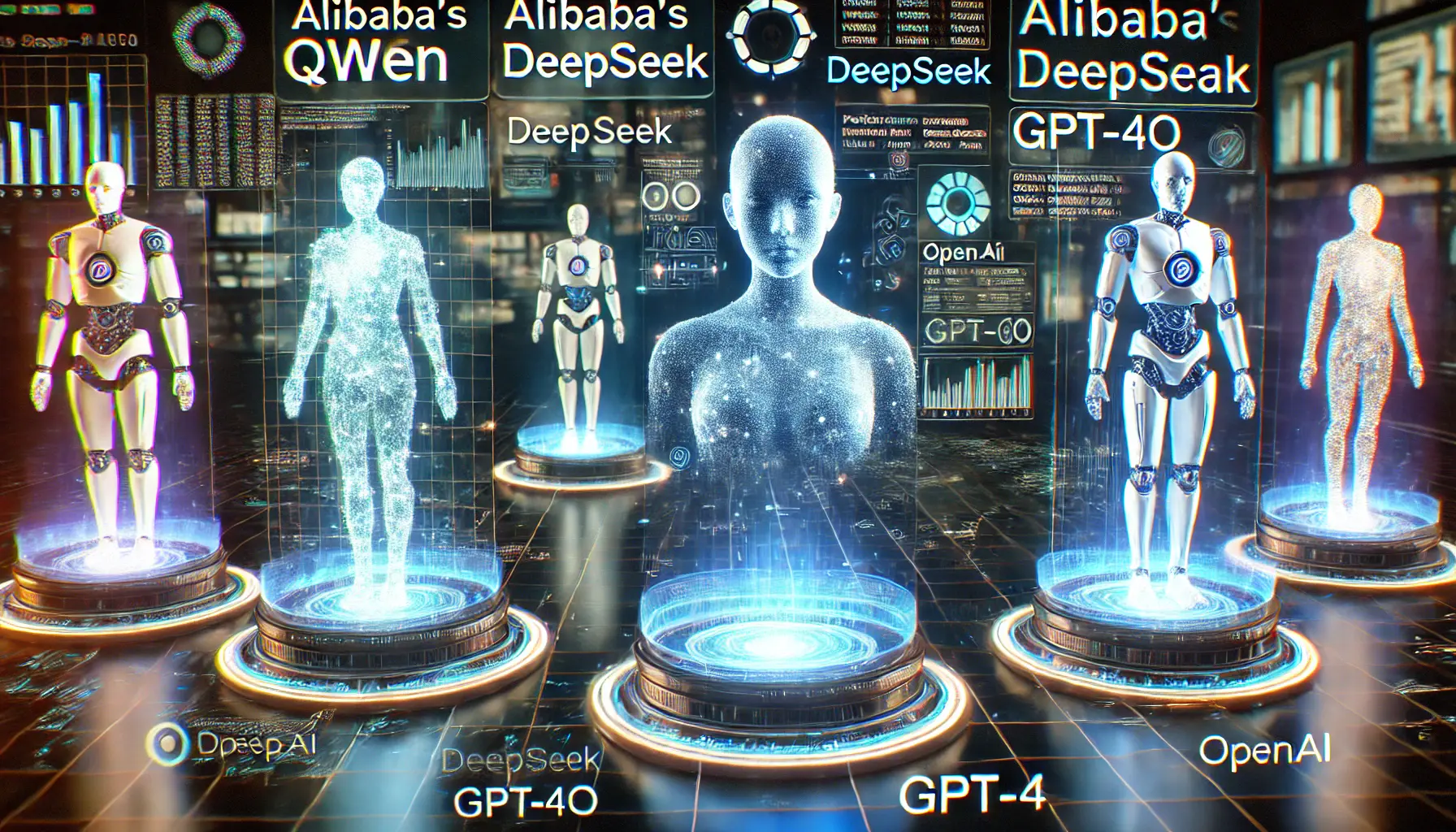 A futuristic digital comparison of different AI models, featuring holographic representations of Alibaba’s Qwen, DeepSeek, and OpenAI’s GPT-4o. The scene includes glowing digital avatars symbolizing each AI model, with data streams and performance benchmarks visualized in the background.