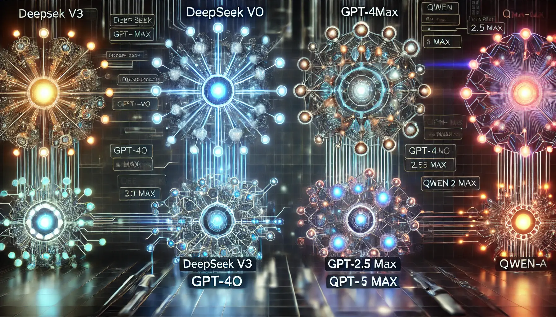 A futuristic comparison of different AI models, with interconnected nodes and data streams representing DeepSeek V3, GPT-4o, and Qwen 2.5 Max.