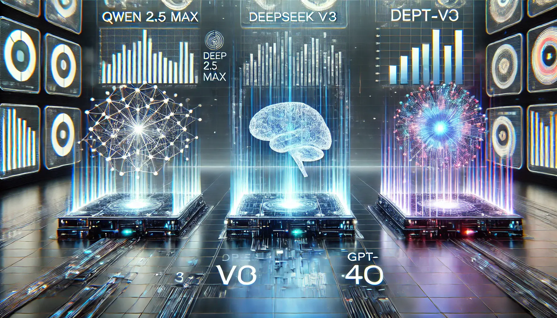 A futuristic digital comparison of three AI models: Qwen 2.5 Max, DeepSeek V3, and GPT-4o, with holographic representations and performance metrics.