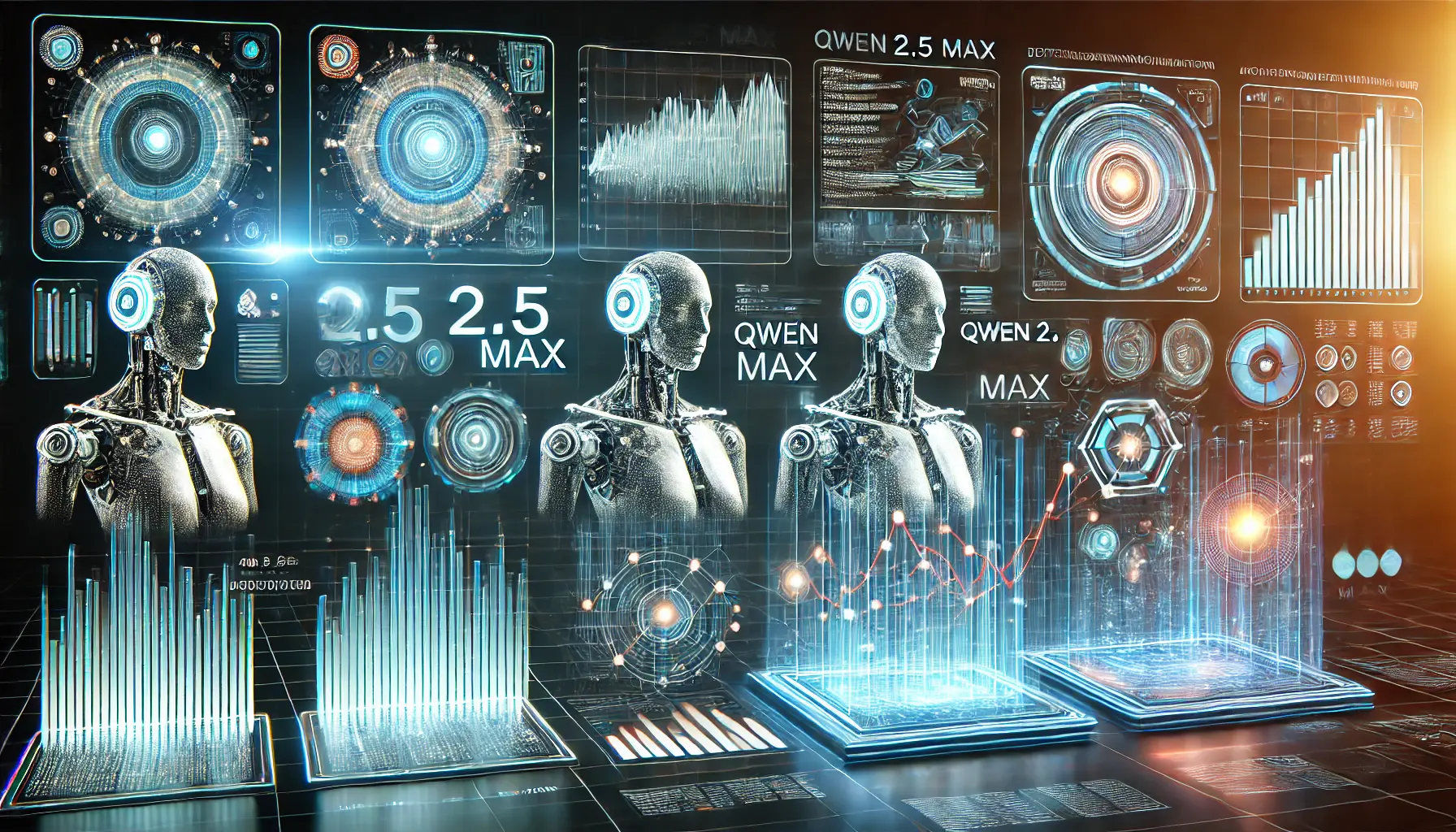 A futuristic AI comparison concept showcasing the evolution of Qwen 2.5 Max with earlier versions, featuring a digital interface displaying multiple AI models side by side.