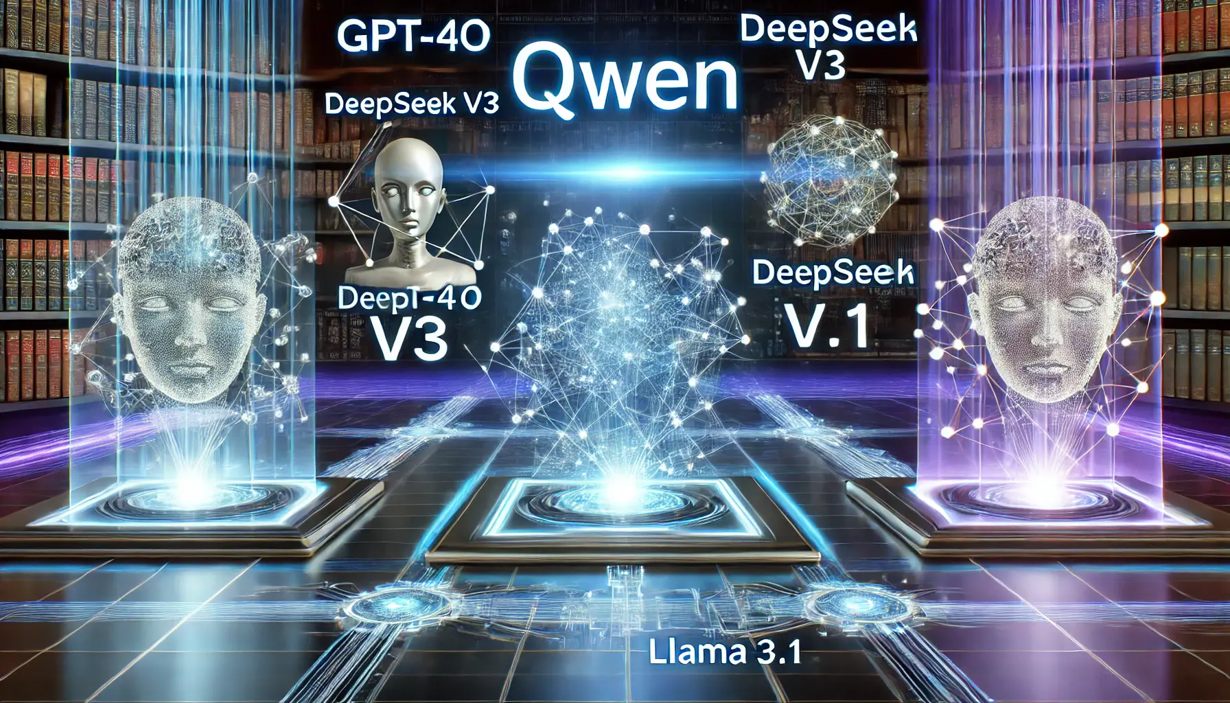 Futuristic high-tech scene depicting the comparison of Qwen with leading AI models such as GPT-4o, DeepSeek V3, and Llama 3.1, featuring glowing data nodes and neural networks.