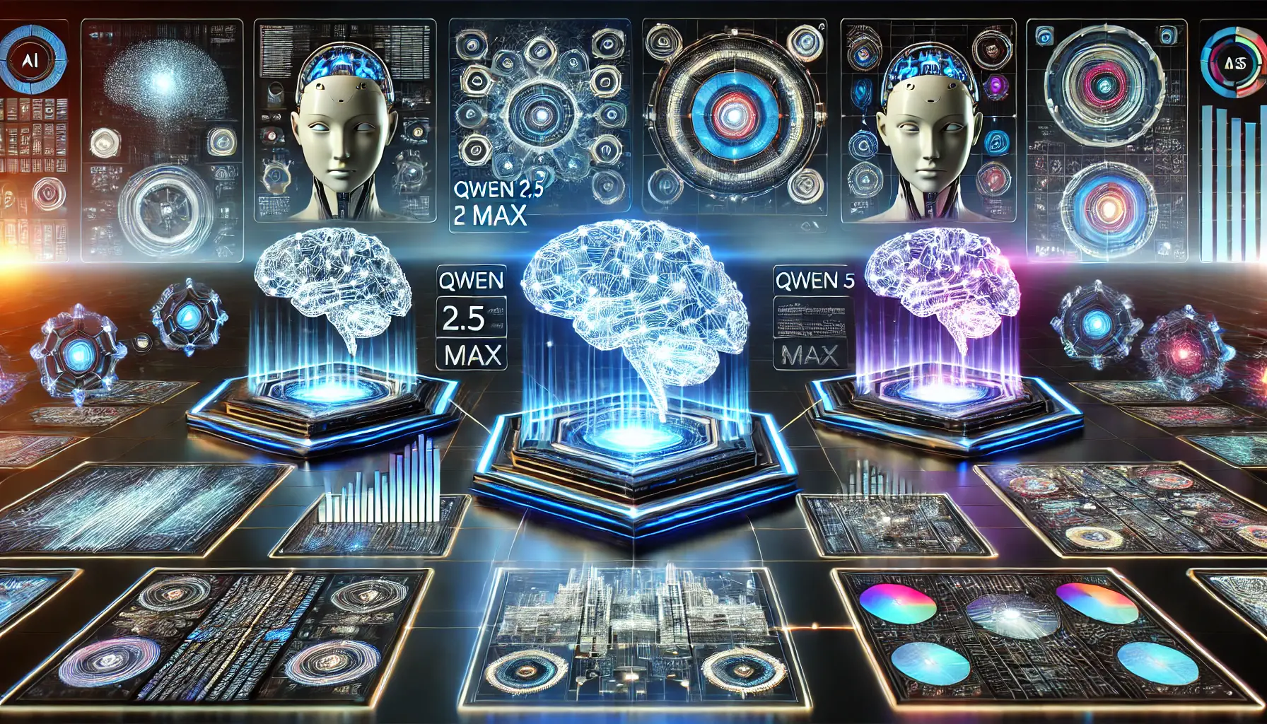 A futuristic AI comparison scene displaying multiple advanced artificial intelligence models as glowing holographic constructs with data streams and performance metrics.