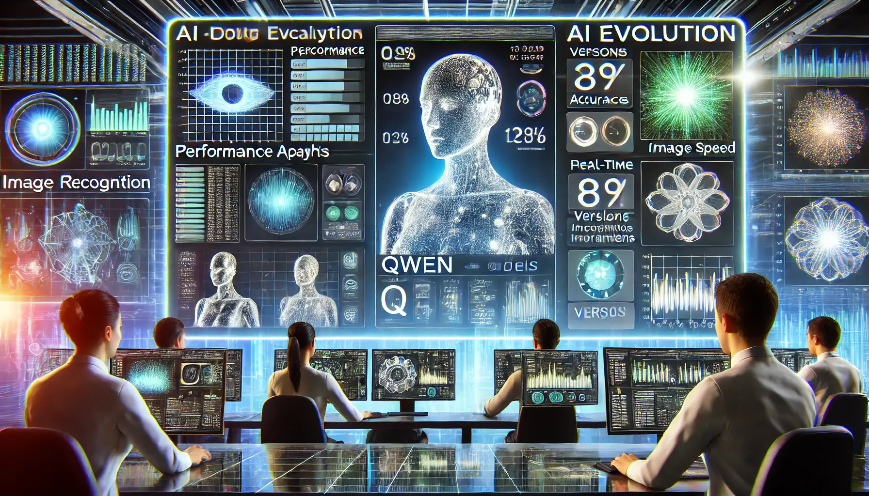 A futuristic AI interface comparing multiple versions of the Qwen model with performance graphs, real-time image recognition improvements, and neural network analytics.