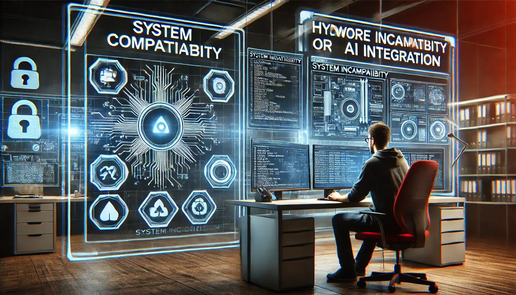 A high-tech developer workspace showing a developer troubleshooting compatibility issues in AI integration, with digital screens displaying error messages and system incompatibility warnings.