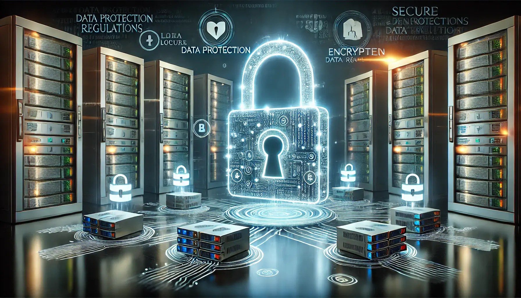 A digital representation of compliance with data protection regulations, featuring a glowing lock and secure servers with encrypted data flows.