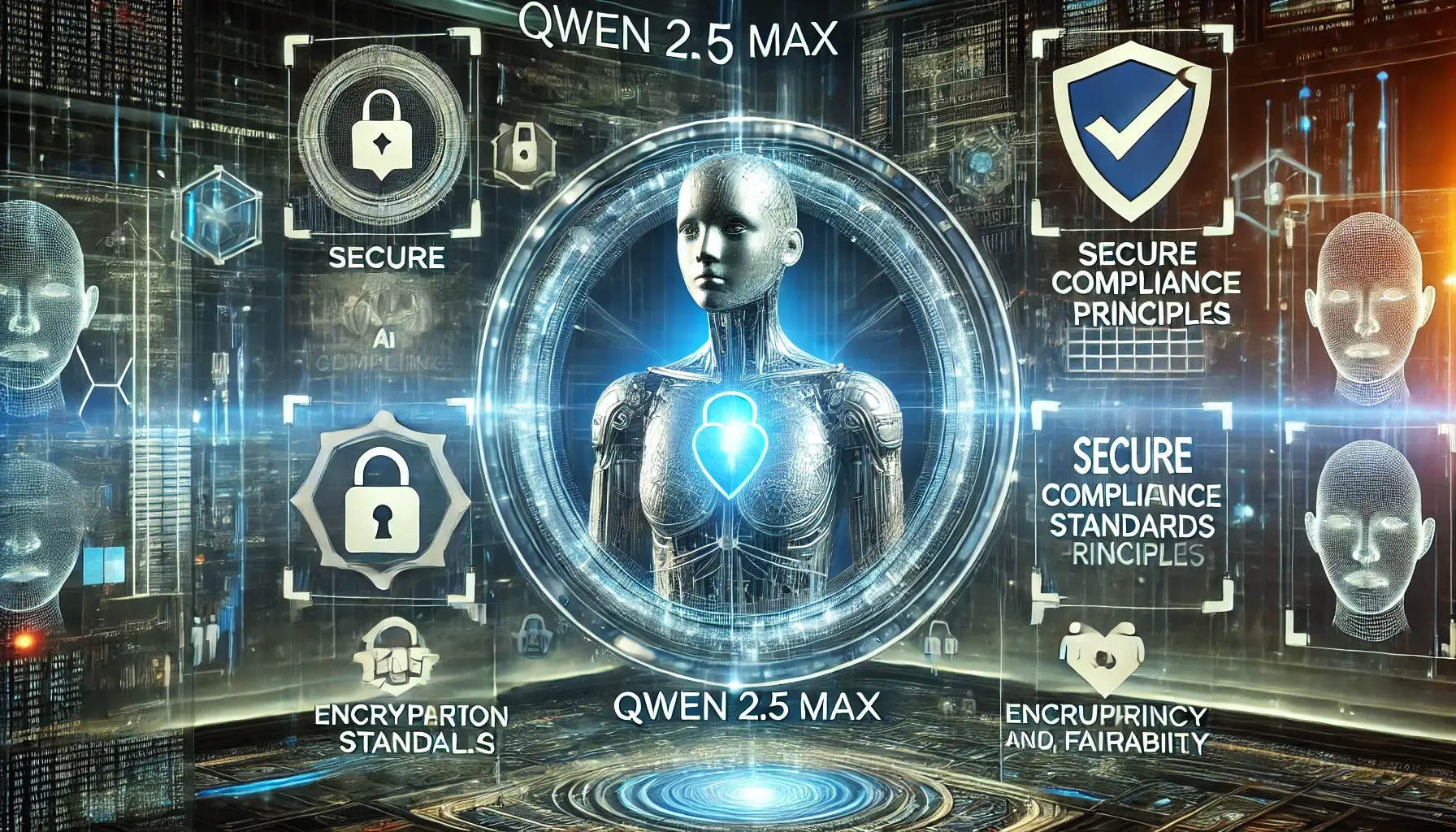 A futuristic digital environment illustrating compliance with trustworthy AI principles, featuring a glowing AI model surrounded by compliance shields and encryption standards.