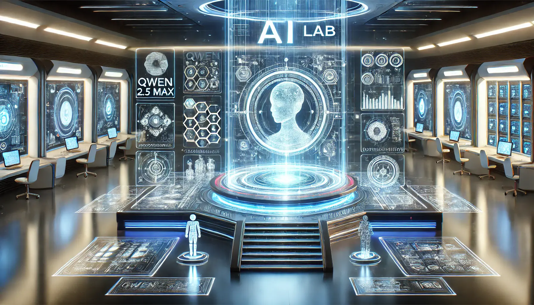 A futuristic AI lab symbolizing the conclusion of AI development, with Qwen 2.5 Max and completed projects.