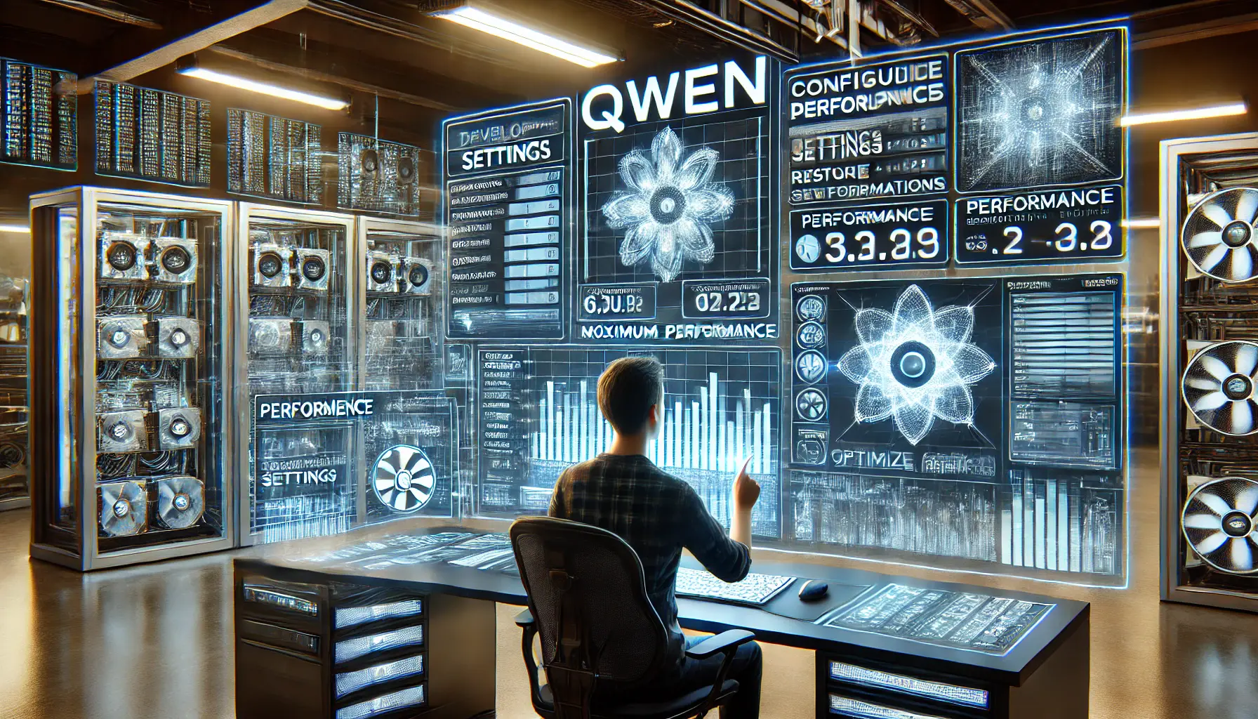 A high-tech developer workspace where a developer configures Qwen for optimal performance, adjusting settings and system parameters.