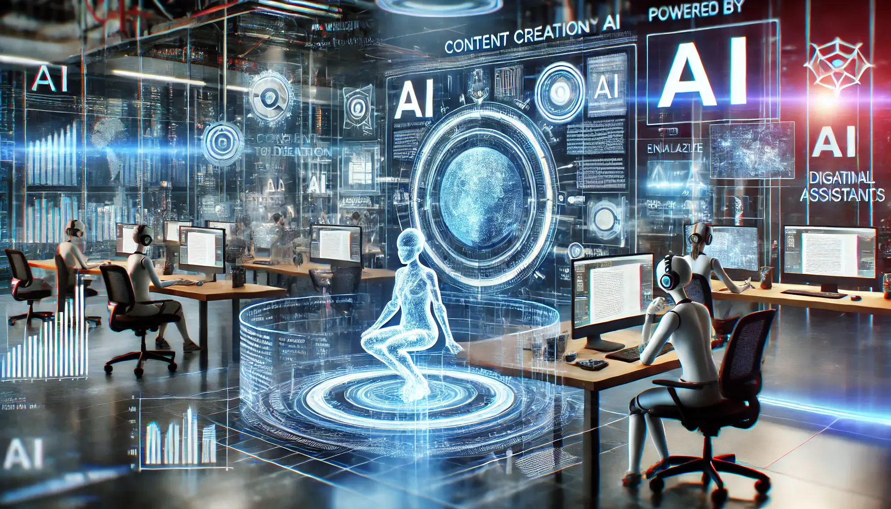 A futuristic content creation studio powered by AI, showcasing holographic displays of text, images, and video generation.