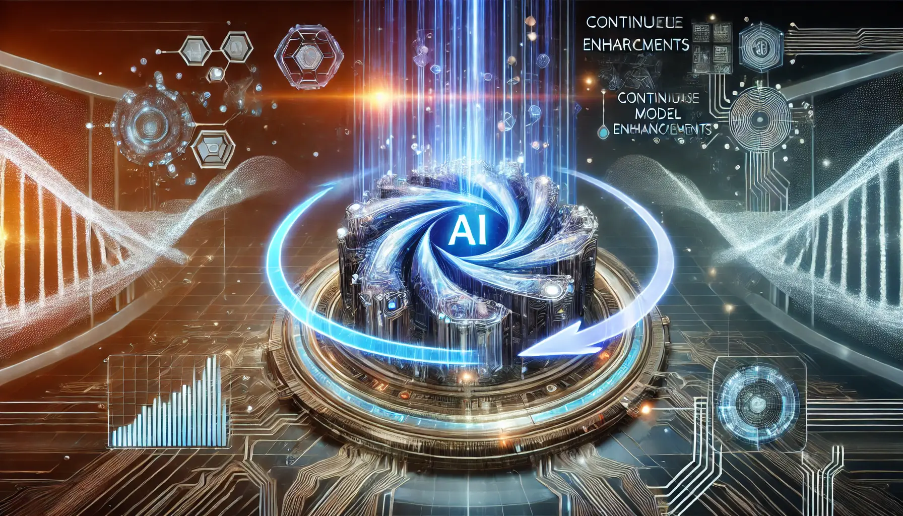 A digital representation of an evolving AI core surrounded by holographic projections symbolizing iterative upgrades and enhancements.