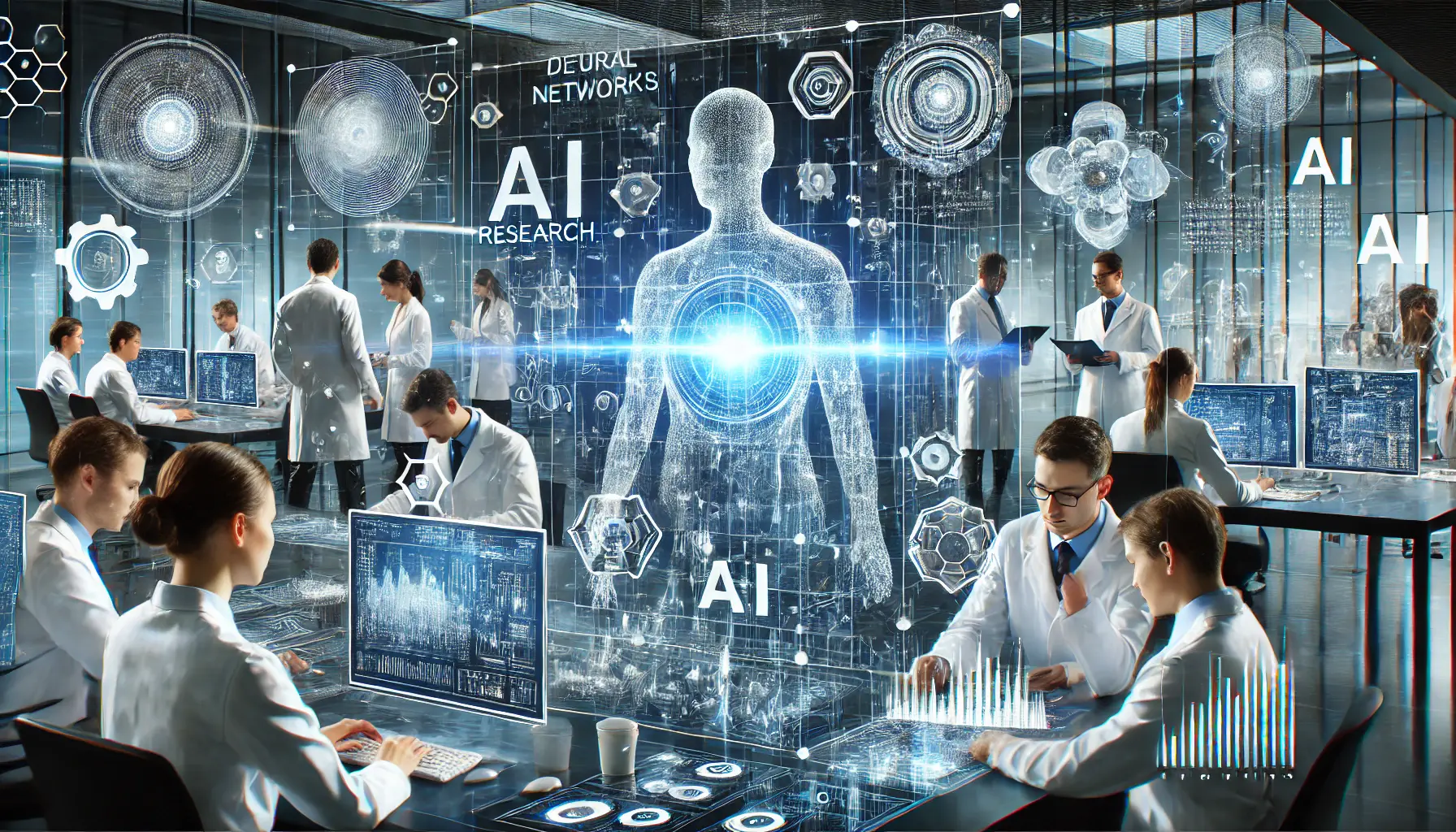 A futuristic AI research lab where experts collaborate to develop AI technology. Scientists work on advanced neural networks and AI models, with holographic data visualizations of algorithms and deep learning processes floating in the air.