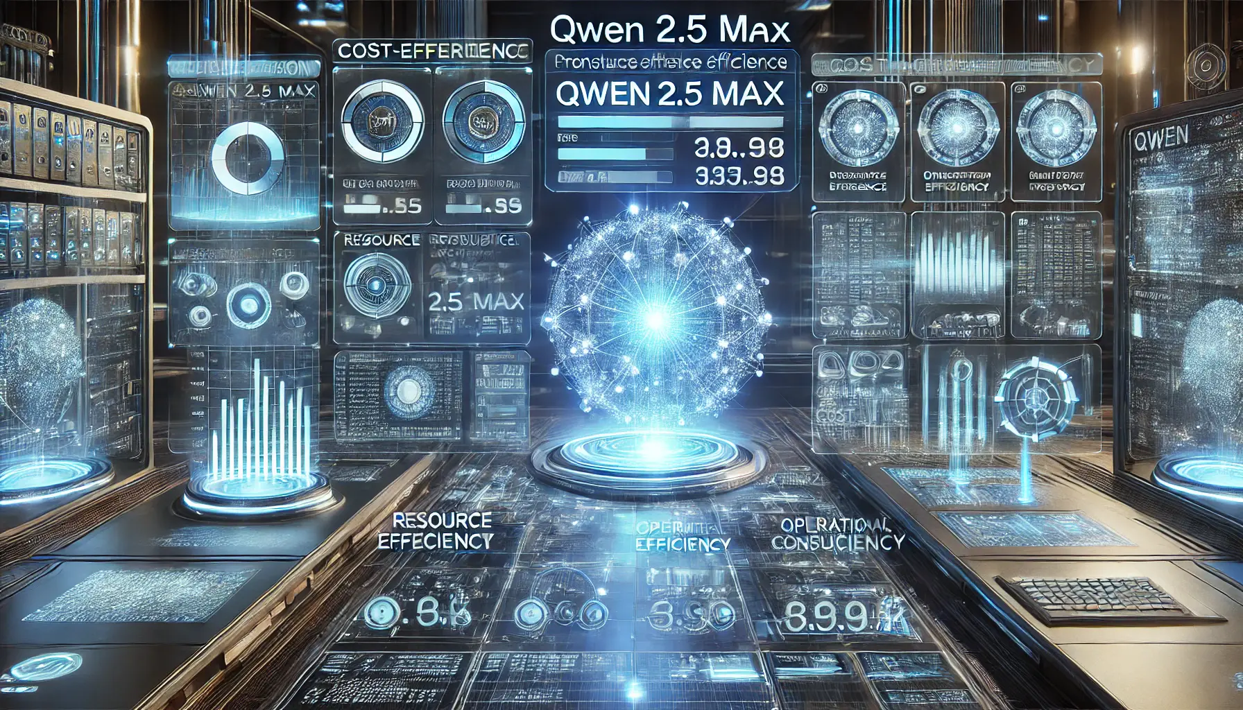 A futuristic digital workspace comparing the cost-effectiveness of Qwen 2.5 Max with other AI models, showing resource consumption and efficiency metrics.