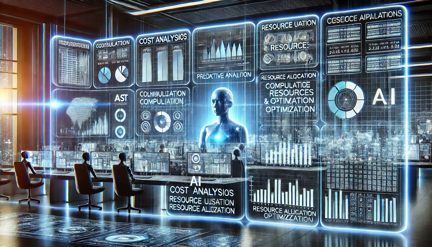 A futuristic AI-powered control room displaying cost analysis and resource allocation metrics in predictive analytics.