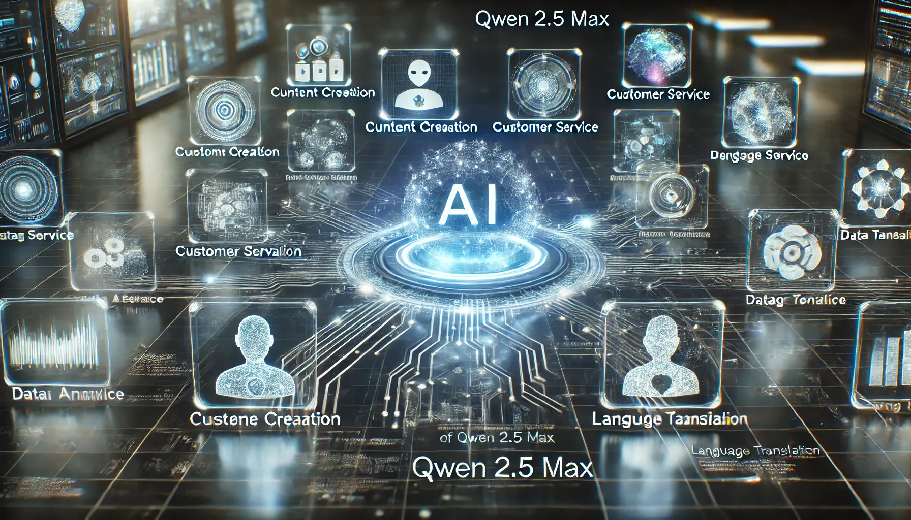 A digital representation of the current applications of Qwen 2.5 Max, showcasing AI in content creation, customer service, data analysis, and language translation.