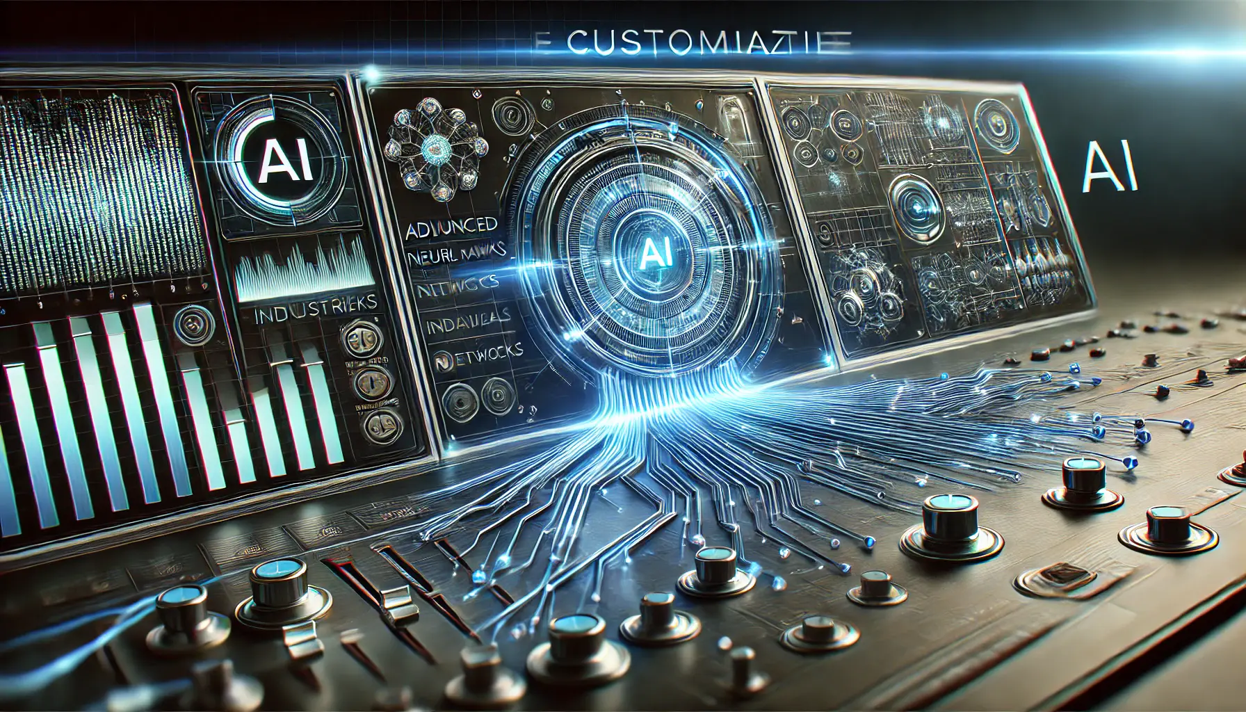 A digital representation of AI customization options, showcasing a sleek control panel with settings and sliders to adjust AI parameters for specific tasks.