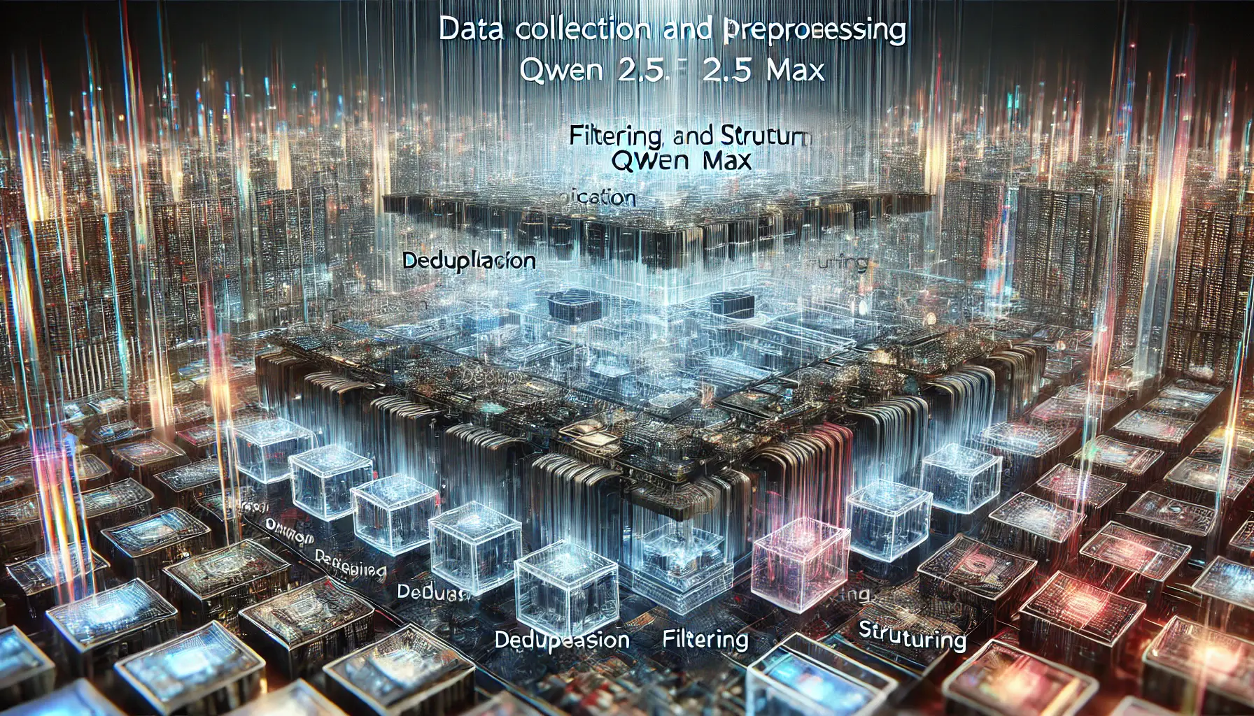 A futuristic digital representation of data collection and preprocessing, with diverse data flowing into a central processing unit and being cleaned and organized.