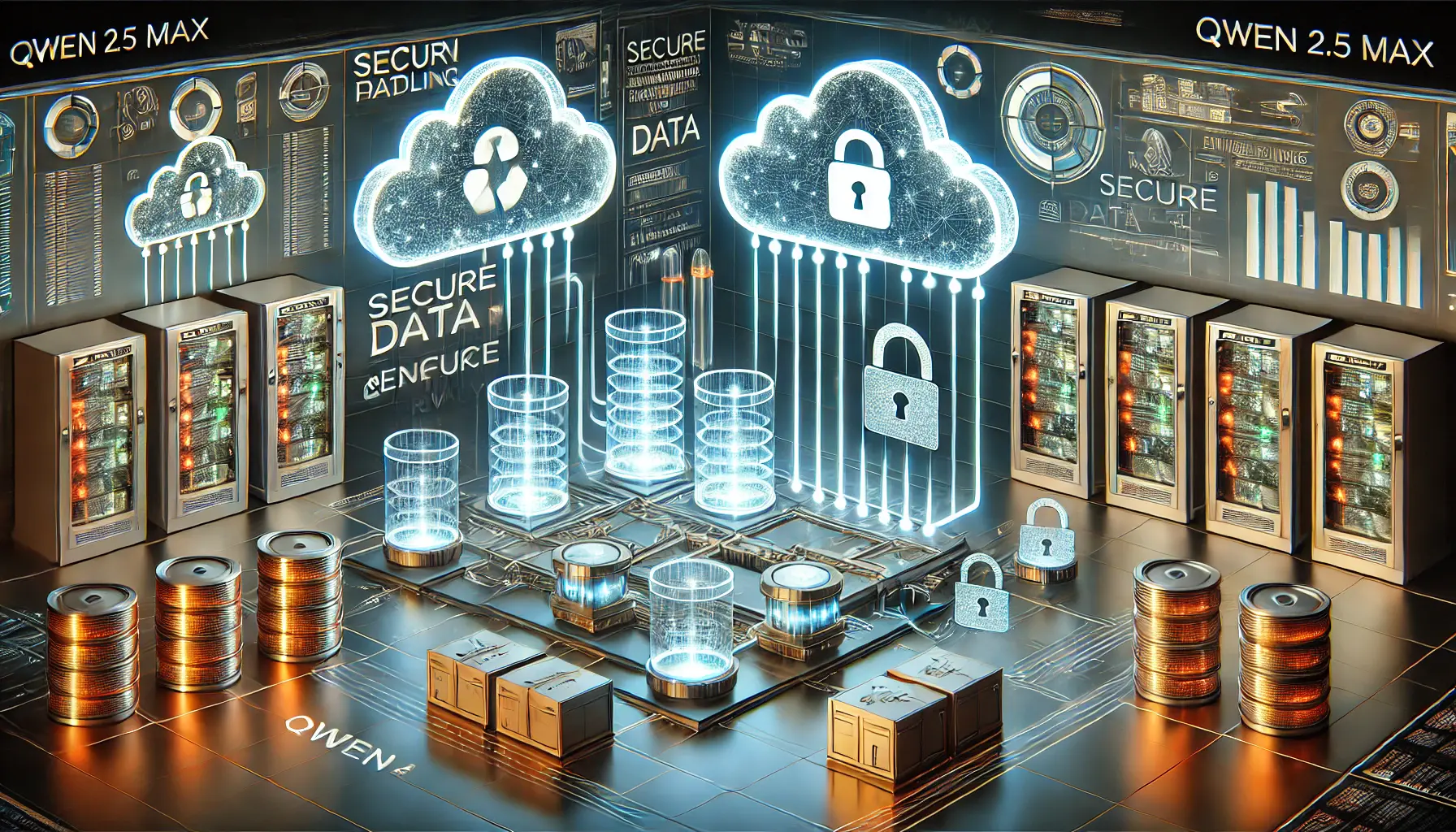 A high-tech digital environment representing secure data handling with encrypted data streams and virtual storage containers.