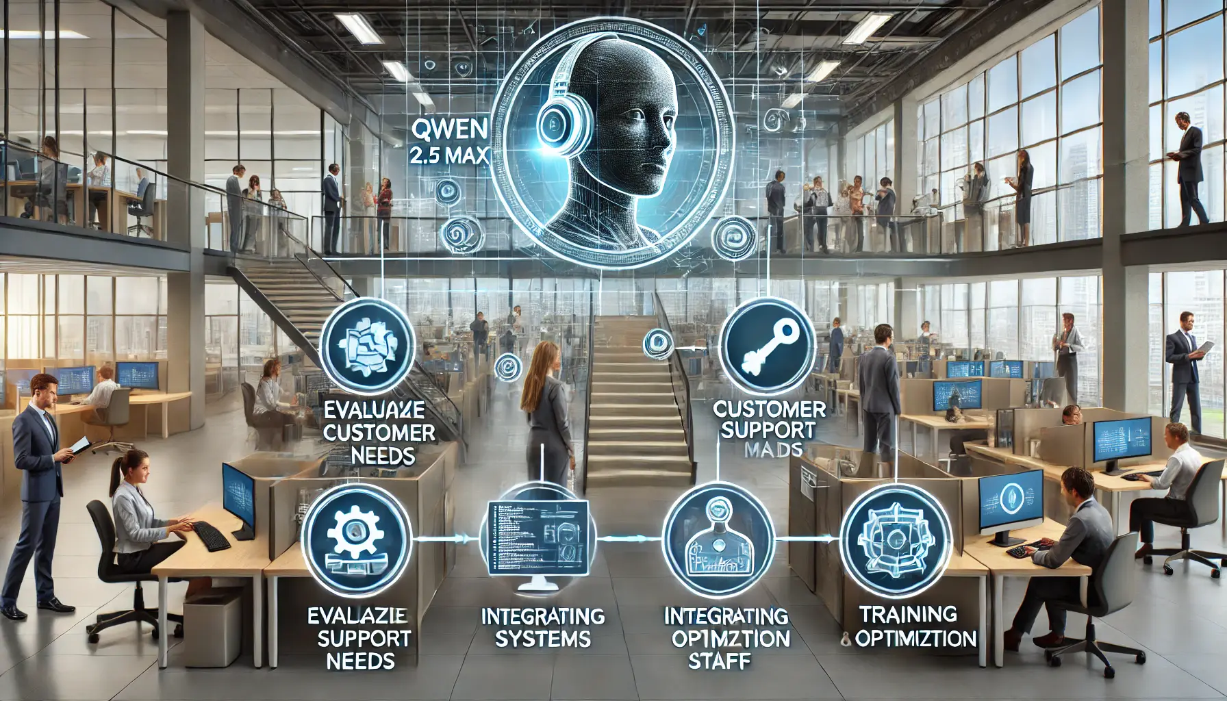 A step-by-step visual representation of deploying Qwen 2.5 Max, including tasks like system integration, training, and optimization.