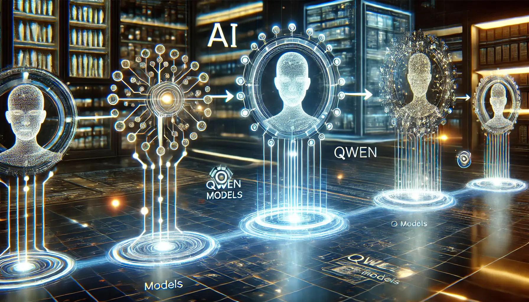 A futuristic AI timeline visualization with glowing digital nodes and a high-tech data hub, symbolizing the evolution of Qwen models.