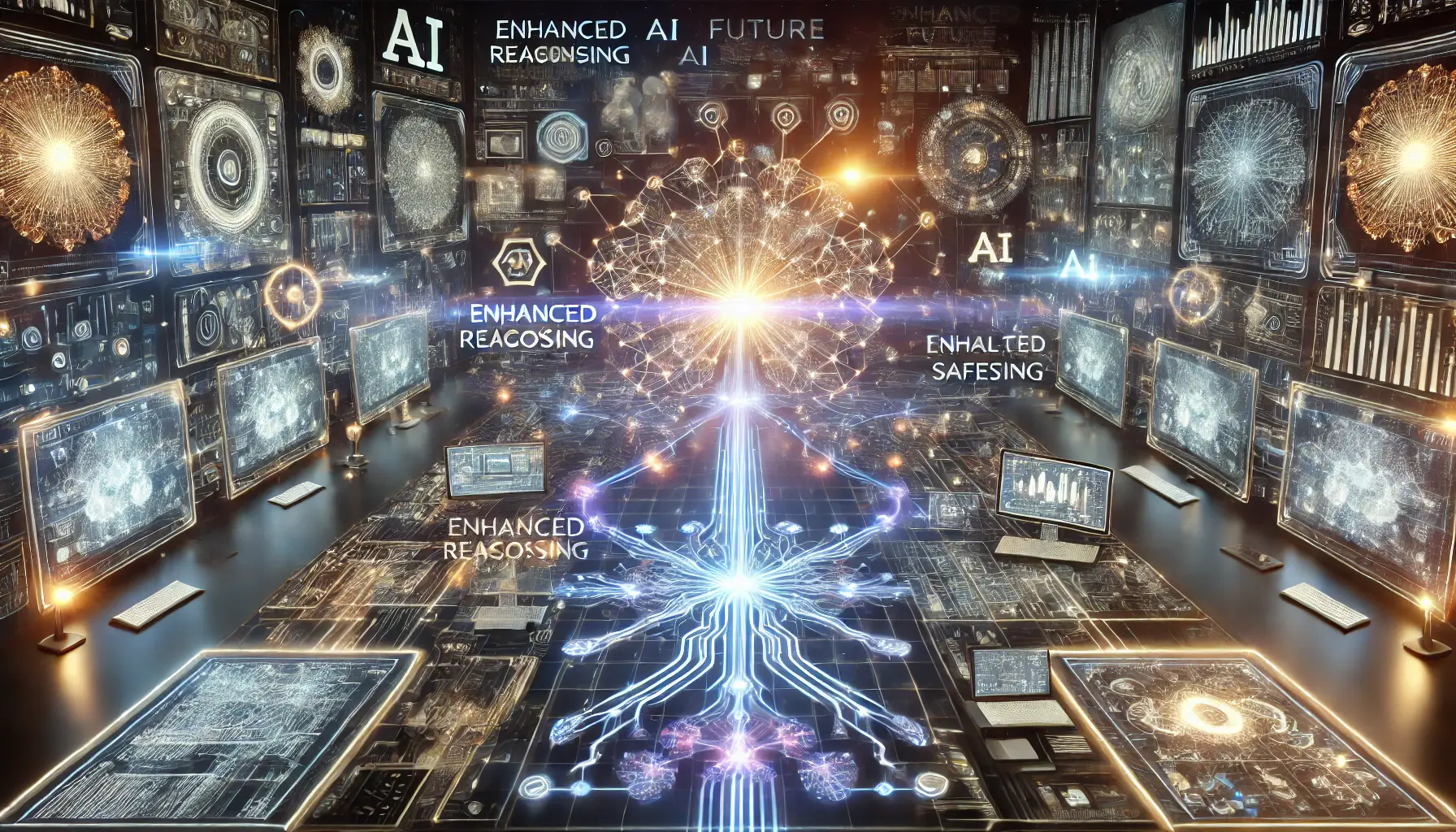 A high-tech digital visualization of directions for future AI research, showcasing glowing pathways leading to new AI capabilities like enhanced reasoning, AI safety, and real-time processing.