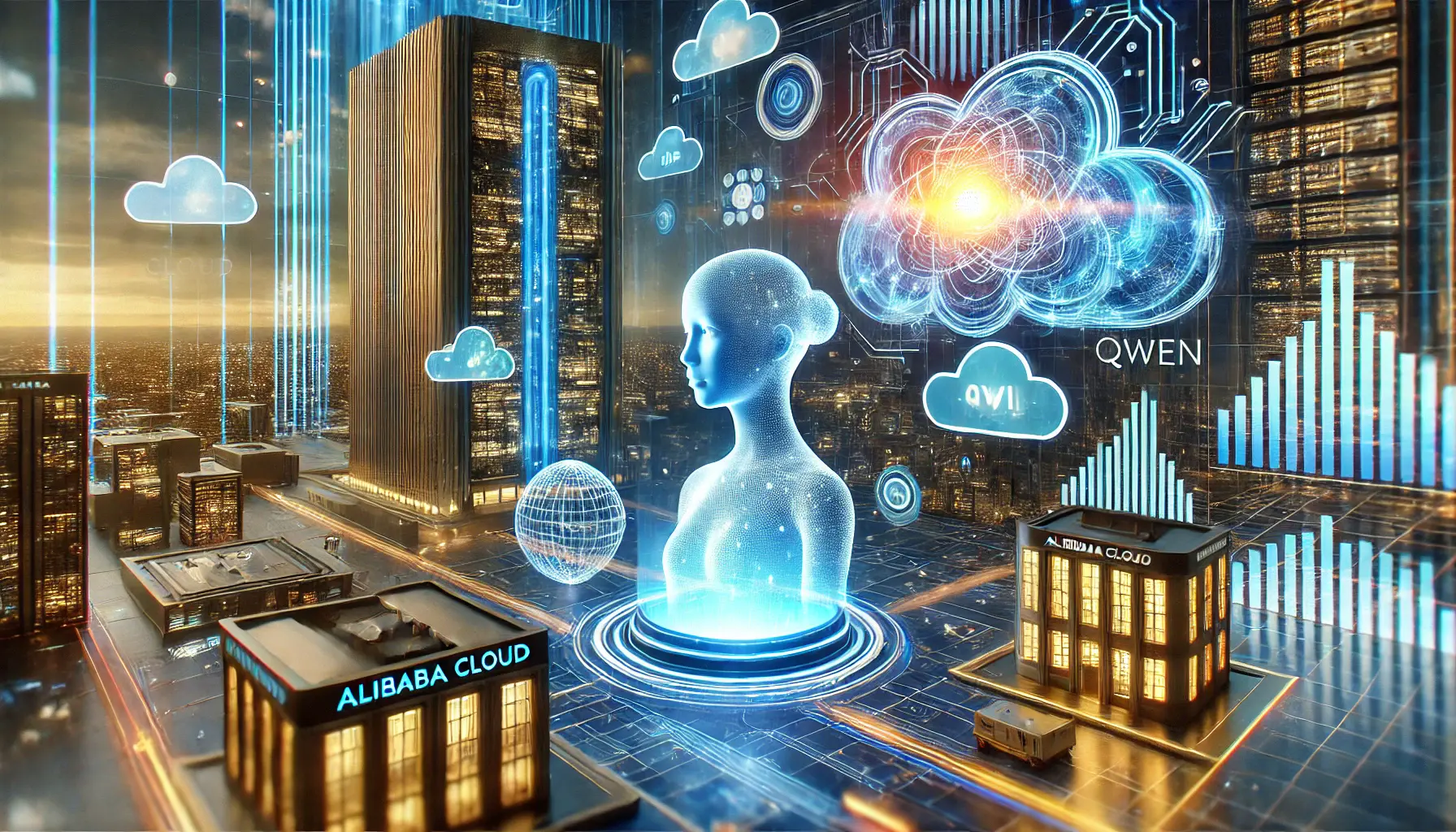 A futuristic digital landscape featuring artificial intelligence, with a glowing neural network and data streams. A sleek Alibaba Cloud data center in the background with high-tech architecture. A holographic AI assistant, representing Qwen, interacts with floating data visualizations.