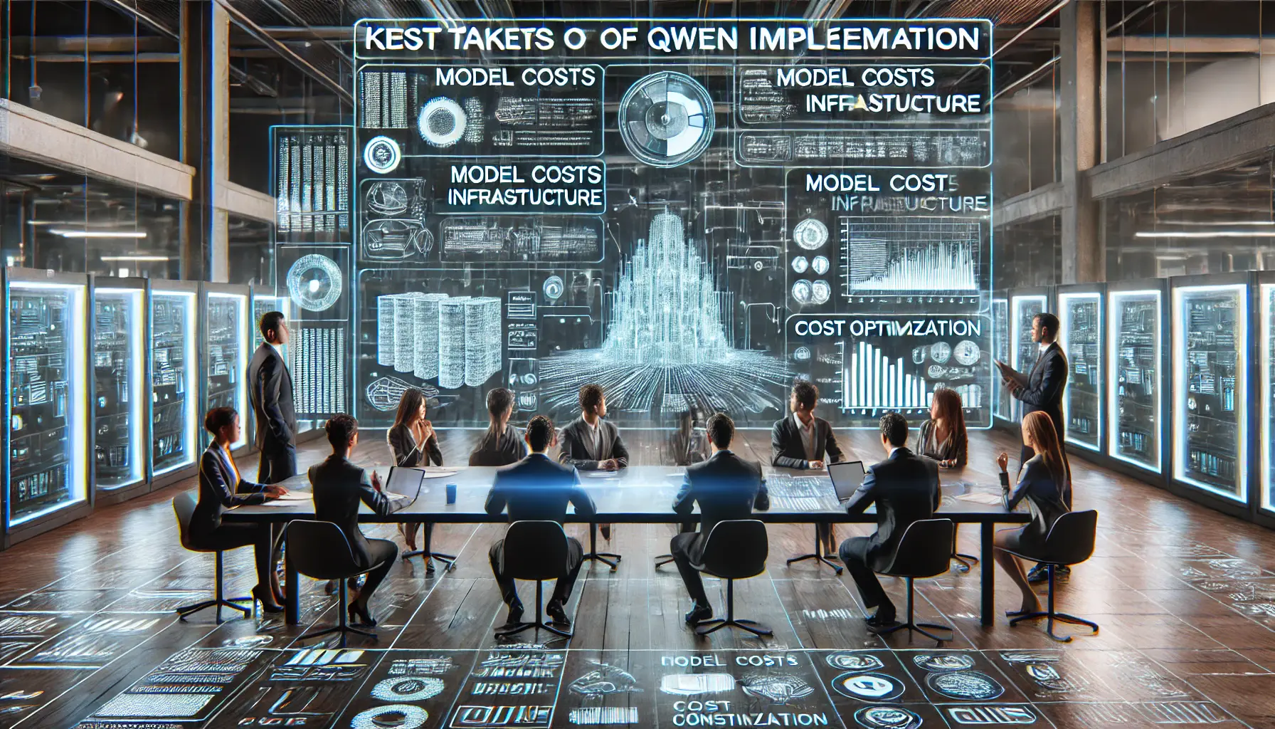 A high-tech business meeting where professionals analyze the key takeaways from Qwen implementation costs using holographic displays.