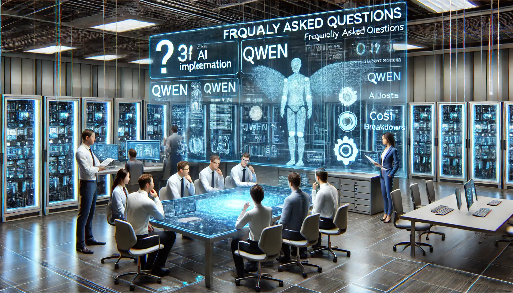 A futuristic business environment where professionals discuss frequently asked questions related to the costs of Qwen AI implementation.