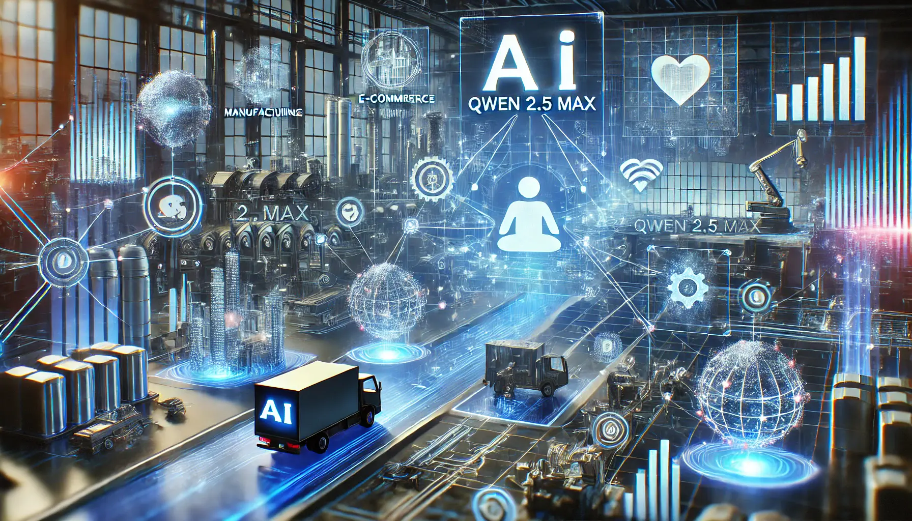 A high-tech digital environment showing AI's impact on industries like manufacturing, e-commerce, and healthcare, with dynamic data streams.