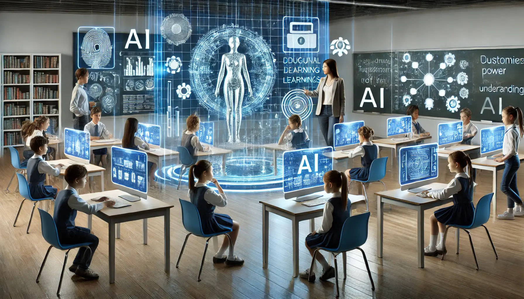 A futuristic AI-powered classroom with holographic learning tools and AI-driven tutoring.