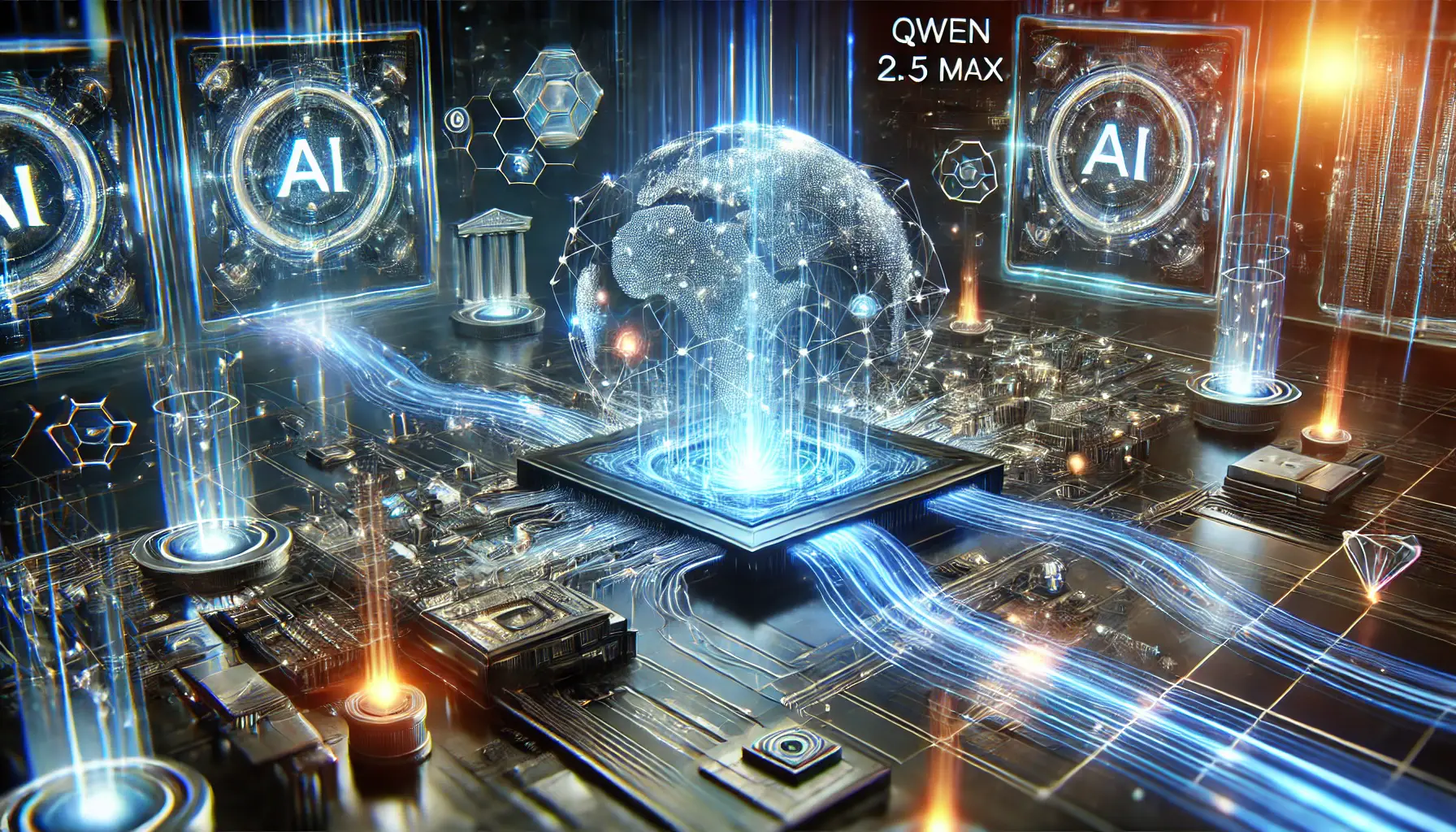 A high-tech digital environment illustrating the effect of Qwen 2.5 Max on global AI advancements, with glowing data streams and interconnected nodes.