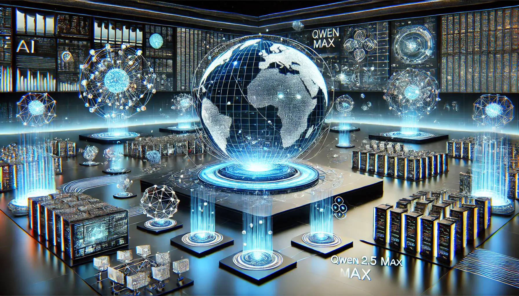 A high-tech digital environment showing multiple AI systems competing, with data streams and interconnected neural networks.