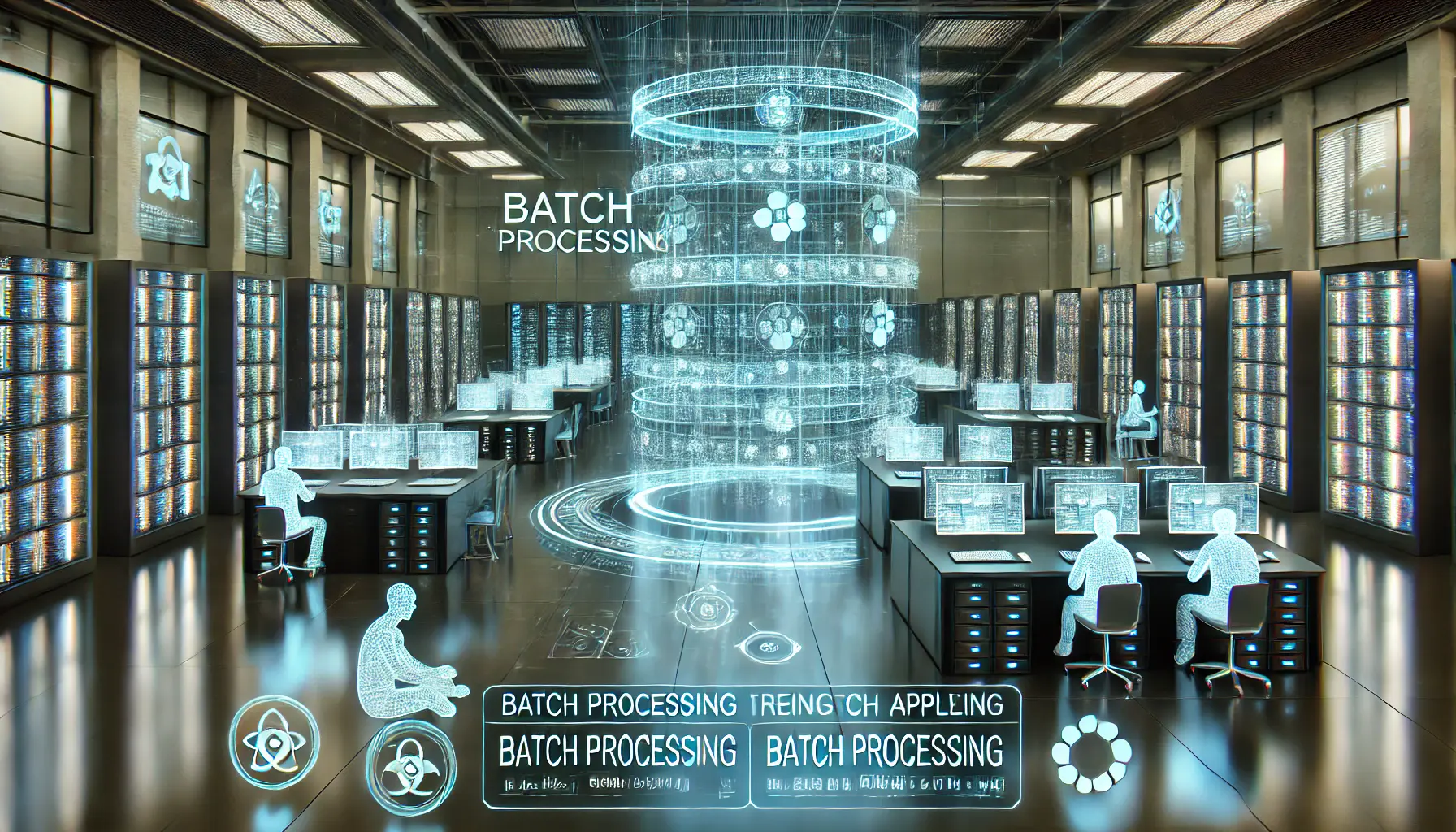 A high-tech AI processing environment with multiple servers handling batch processing tasks in parallel.