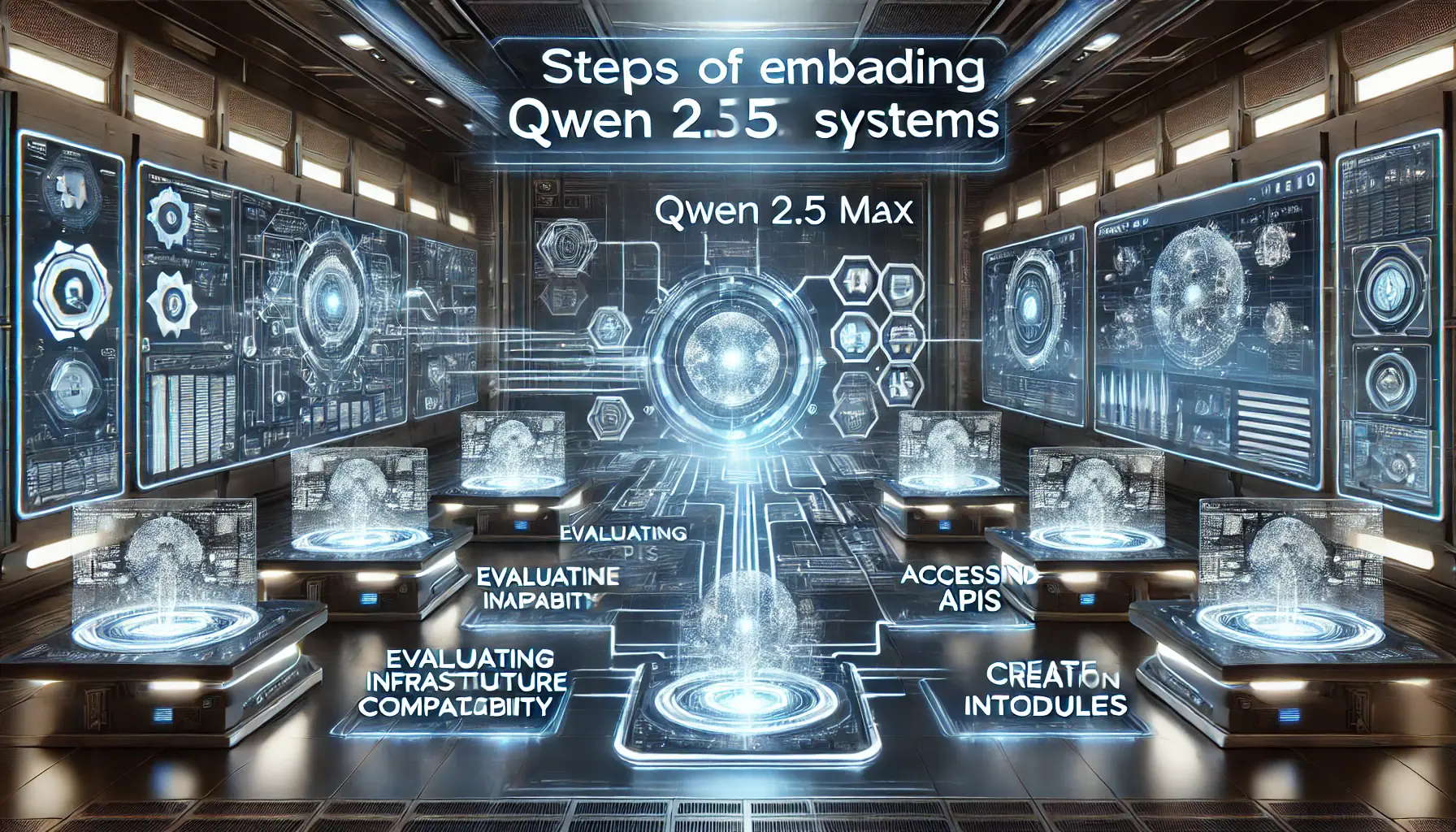 A futuristic control room showcasing the steps to embed Qwen 2.5 Max into existing systems, with holographic screens displaying system integration steps.