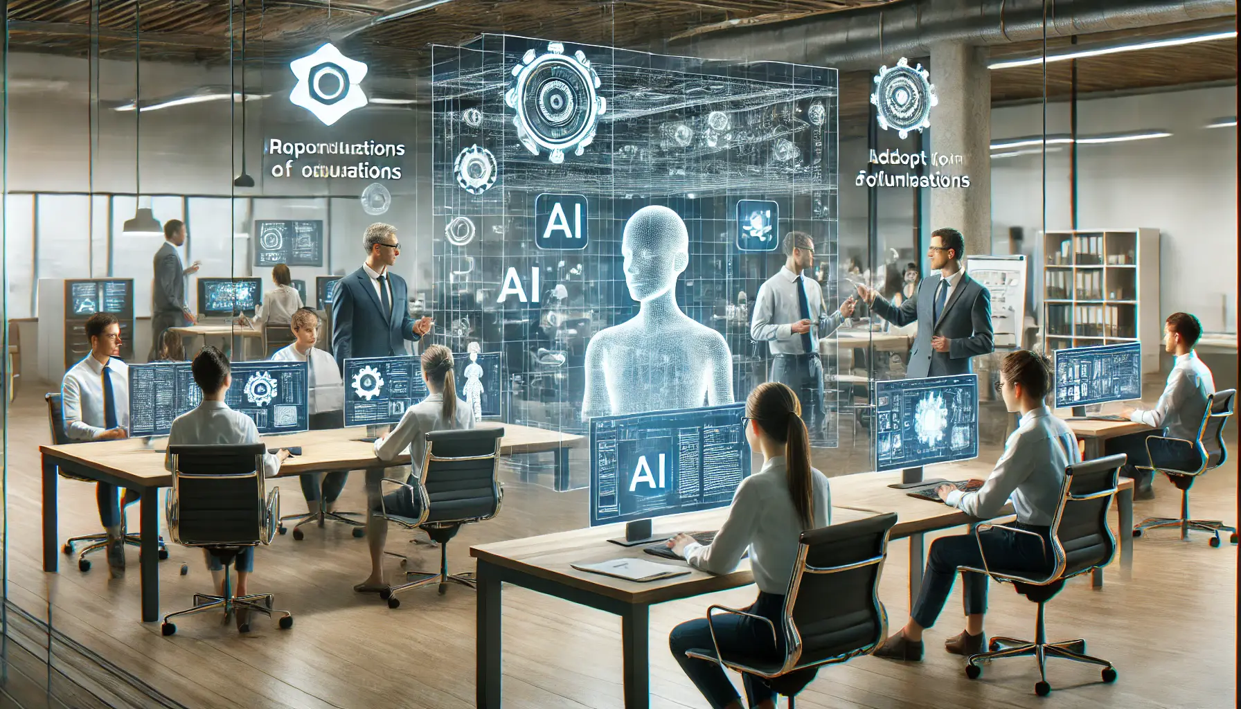 A modern office where employees undergo training for AI system adoption, interacting with digital assistants and holographic displays.