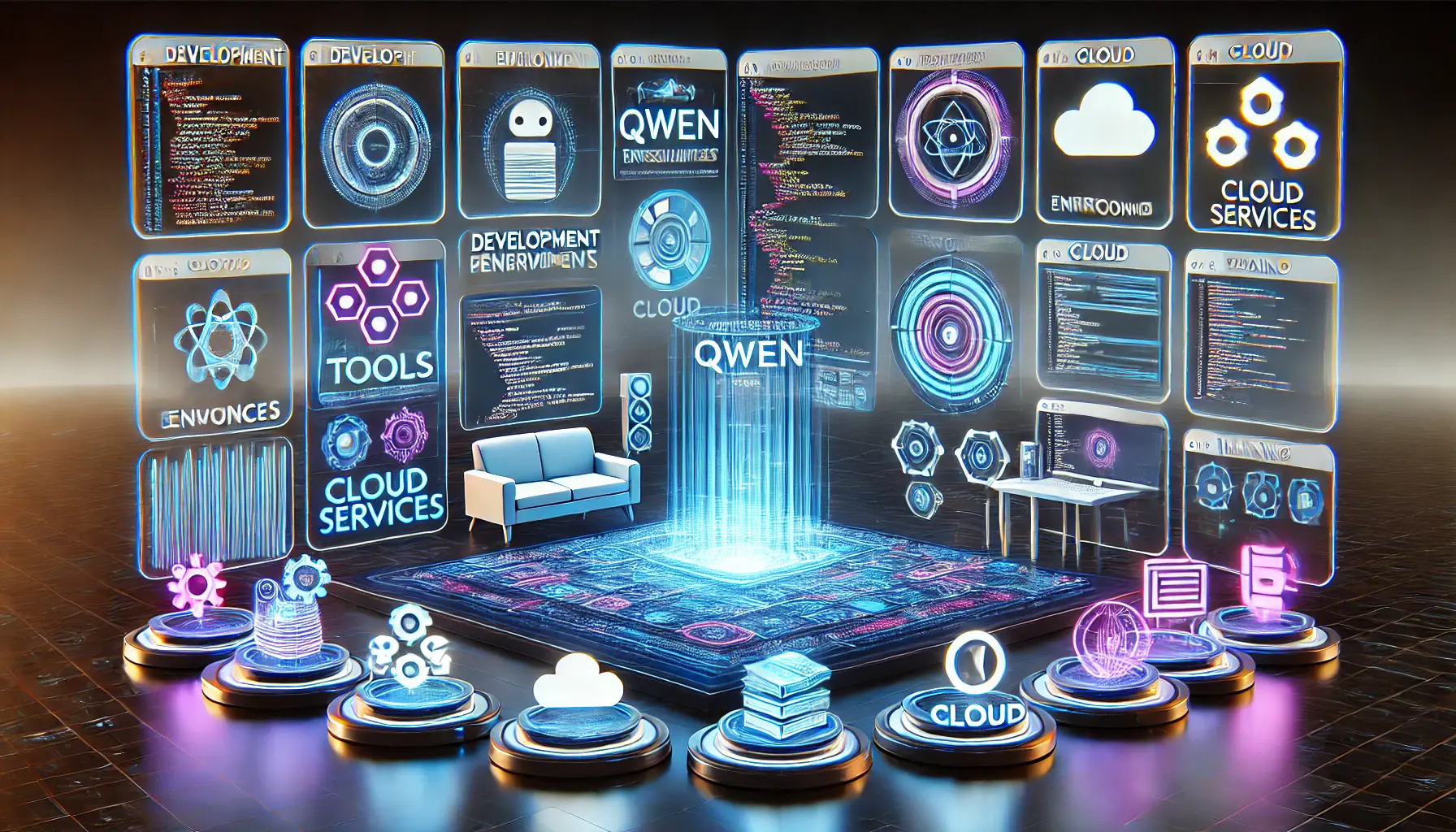 Futuristic digital workspace showcasing tools and resources for AI developers working with Qwen, including coding environments and cloud services.