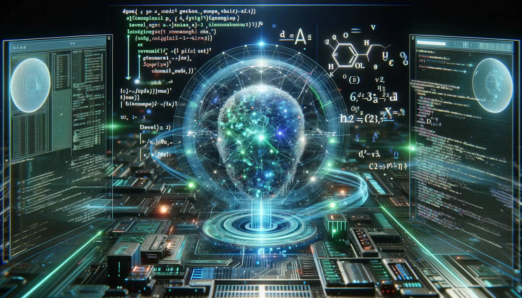 A high-tech AI environment with glowing code and mathematical equations flowing through a digital network.