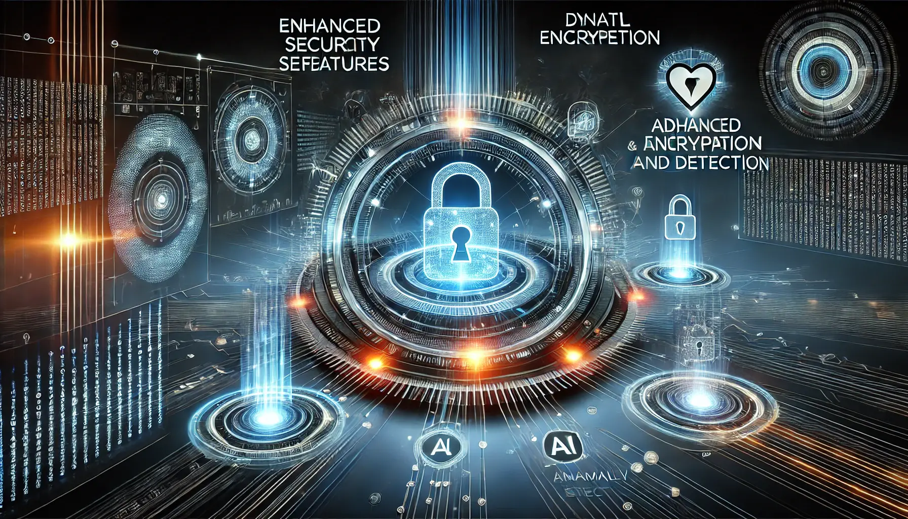 A glowing AI interface with dynamic security elements, such as digital shields and locks protecting data, with advanced encryption and anomaly detection.