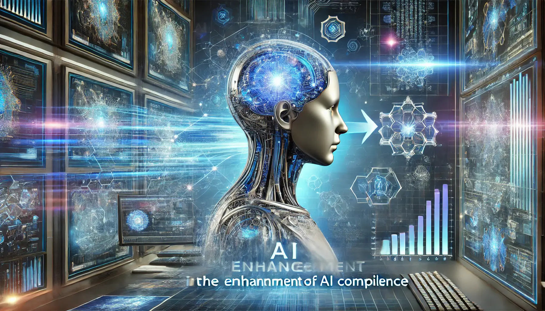 A high-tech digital environment showcasing the enhancement of AI competence, with neural networks and dynamic data streams.