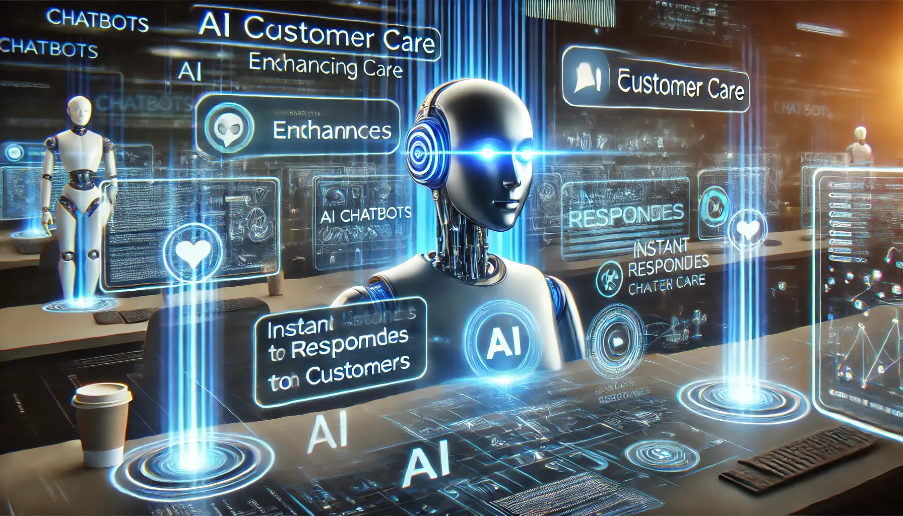 A high-tech digital environment with AI chatbots interacting with customers through holographic chat windows and data streams.