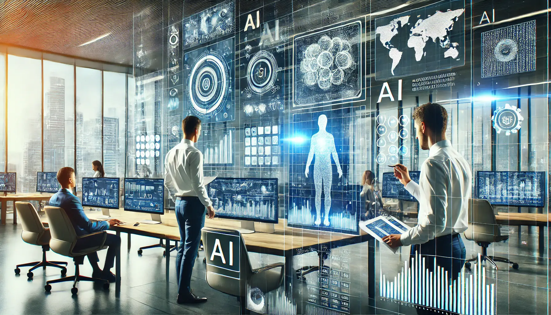 A modern office with professionals analyzing large datasets using AI-powered holographic screens to enhance decision-making processes.