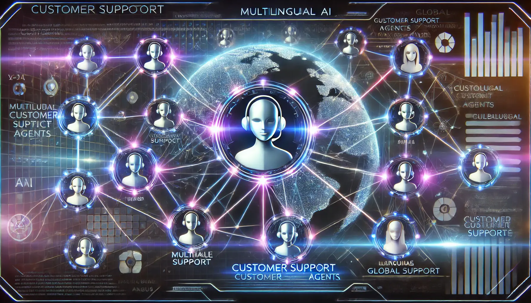 A futuristic AI-powered customer support system with interconnected neural nodes representing customer service agents. These agents communicate seamlessly with customers in multiple languages through glowing data streams.