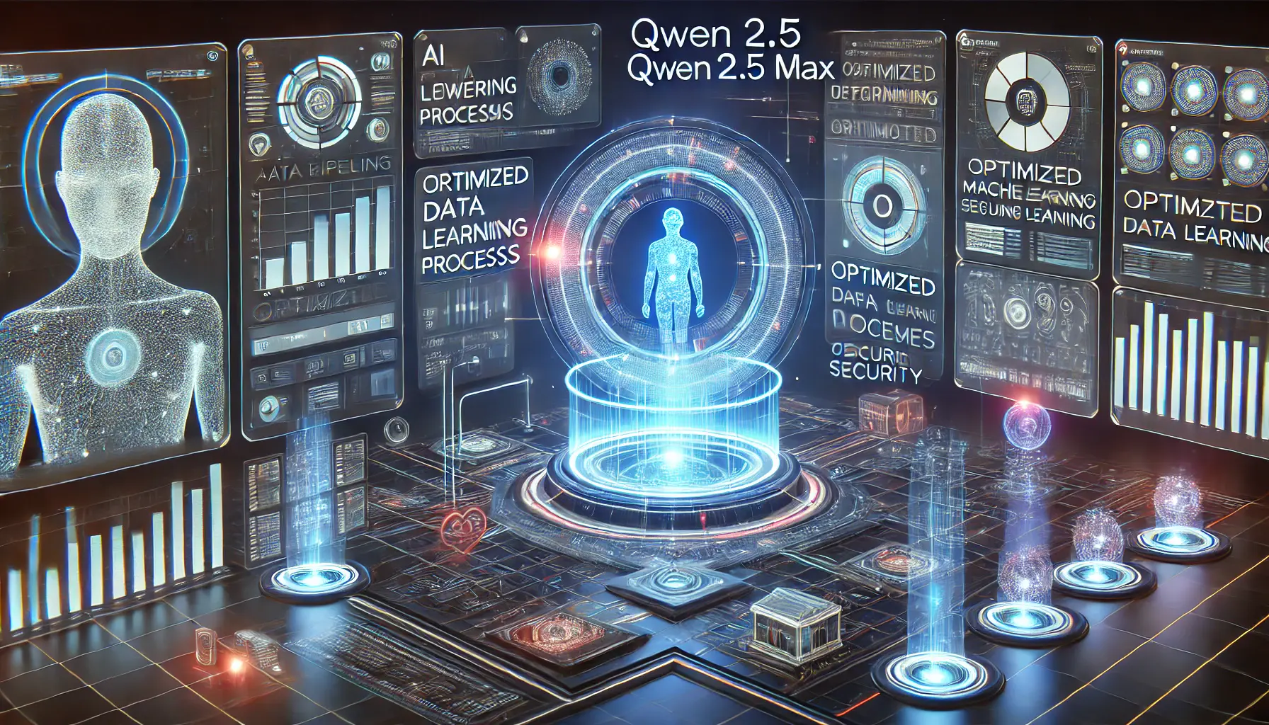 A futuristic digital environment illustrating the safe and efficient utilization of Qwen 2.5 Max with optimized processes and security layers.